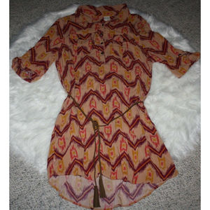 Canyon River Blues Aztec Tan Purple Shirt Dress Size L 3/4 Sleeves With Belt